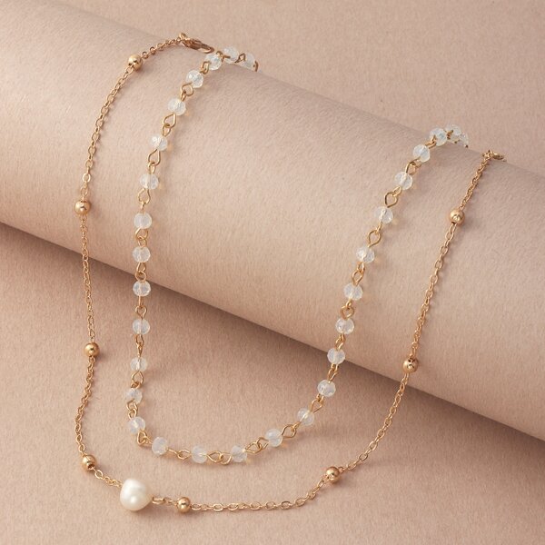 

2pcs Faux Pearl Decor Necklace, Gold