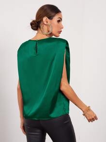 SHEIN Privé Solid Sleeveless Shoulder Pad Satin Top - Dark Green - View 2