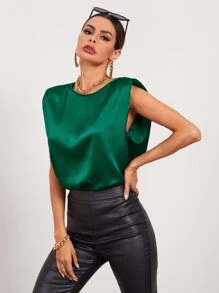 SHEIN Privé Solid Sleeveless Shoulder Pad Satin Top - Dark Green - View 3