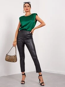 SHEIN Privé Solid Sleeveless Shoulder Pad Satin Top - Dark Green - View 5
