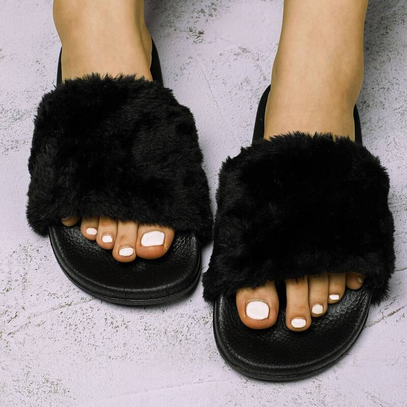 

Faux Fur Fluffy Slide Sandals, Black