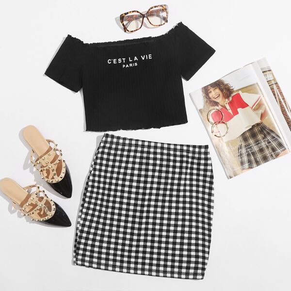 

Off Shoulder Lettuce Trim Letter Graphic Top & Gingham Skirt Set, Black and white