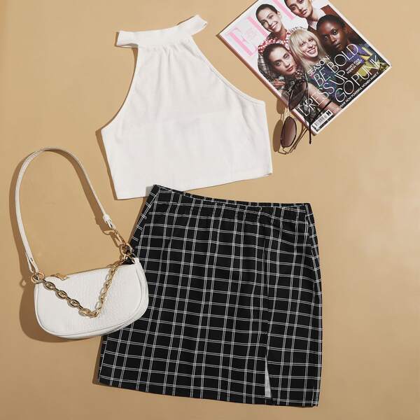 

Solid Halter Top & Split Hem Plaid Skirt Set, Black and white