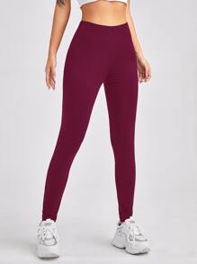 SHEIN High Waist Solid Leggings - Burgundy - View 3