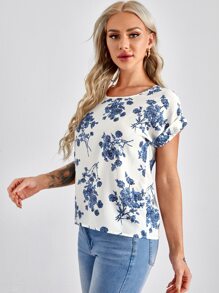 SHEIN LUNE 捲邊袖花卉上衣 - 藍白色 - 查看 1