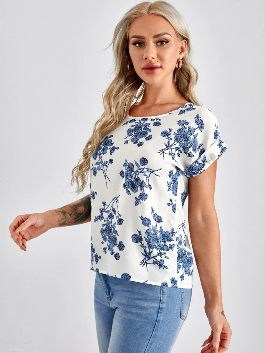 SHEIN LUNE 捲邊袖花卉上衣 - 藍白色 - 查看 1