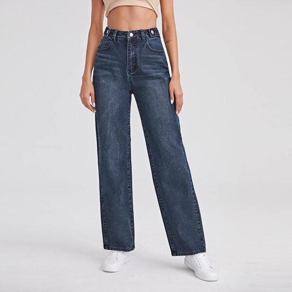 

High Waist Slant Pocket Straight Jeans, Dark wash