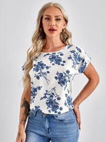 SHEIN LUNE 捲邊袖花卉上衣 - 藍白色 - 查看 3