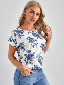 SHEIN LUNE 捲邊袖花卉上衣 - 藍白色 - 查看 5