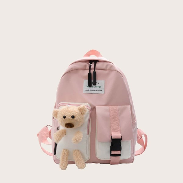 

Girls Bear Decor Pocket Front Backpack, Pink