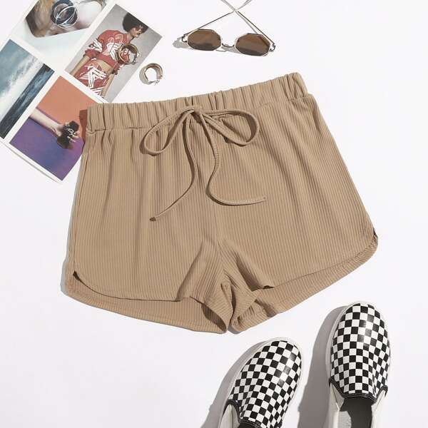 

Tie Waist Rib-knit Track Shorts, Khaki