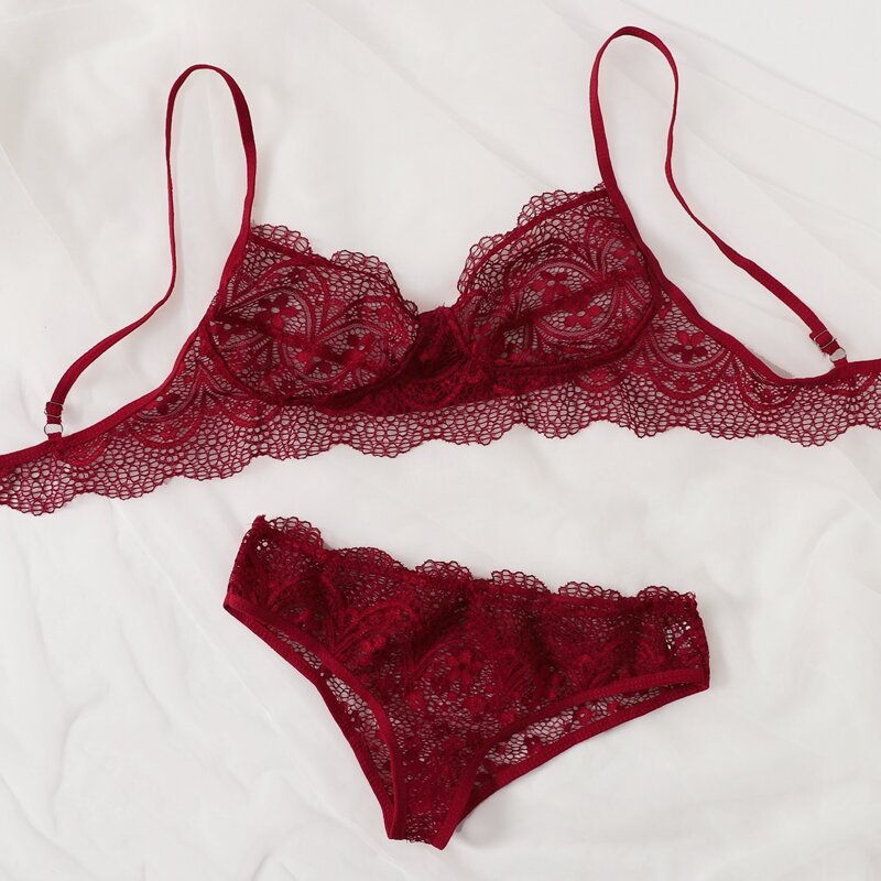 

Scallop Floral Lace Lingerie Set, Burgundy
