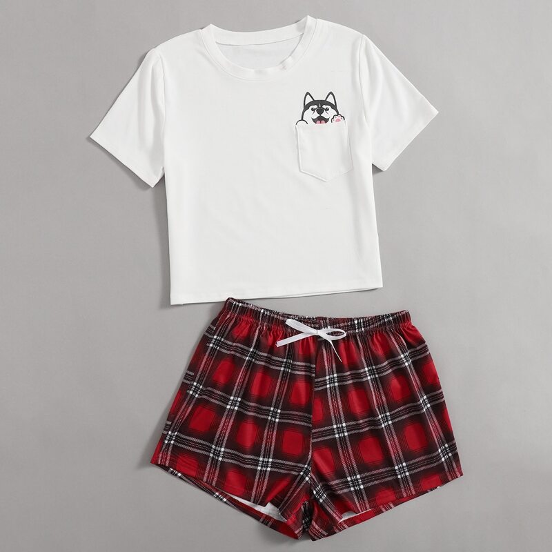 

Cartoon Dog & Plaid Pattern PJ Set, Multicolor