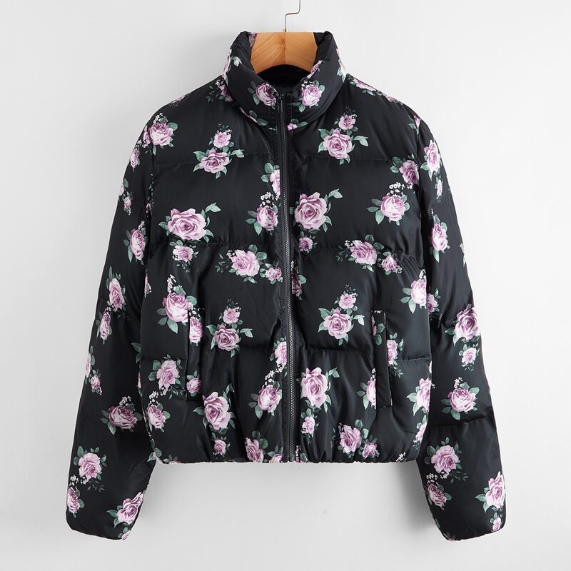 

Floral Print Puffer Jacket, Navy blue