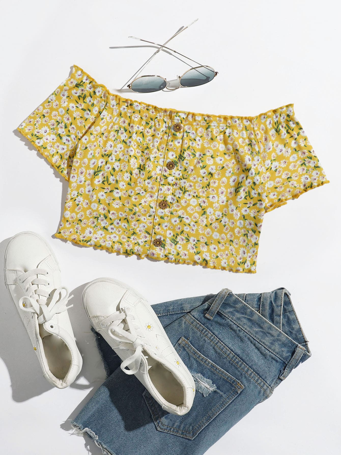 Off Shoulder Buttoned Front Lettuce Trim Ditsy Floral Top thumbnail