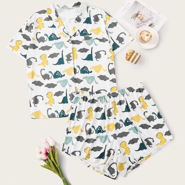 

Plus Cartoon Dinosaur Print Pajama Set, Multicolor