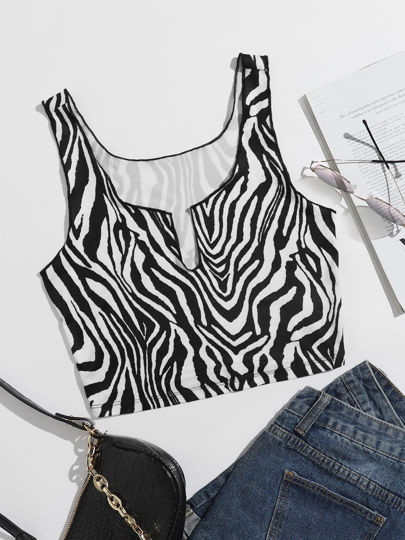 Notched Neck Zebra Striped Tank Top thumbnail