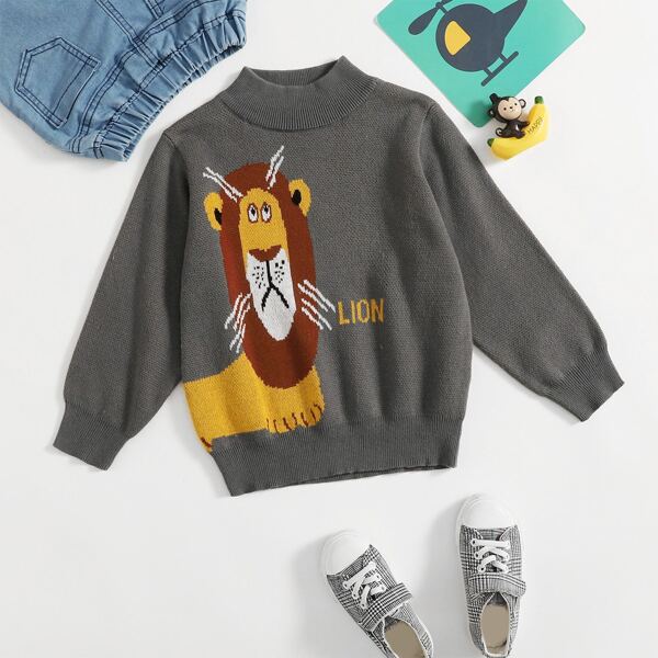 

Toddler Boys Cartoon Lion Pattern Sweater, Grey