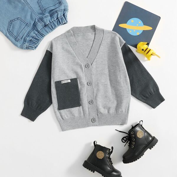 

Toddler Boys Contrast Sleeve Pocket Patched Cardigan, Grey