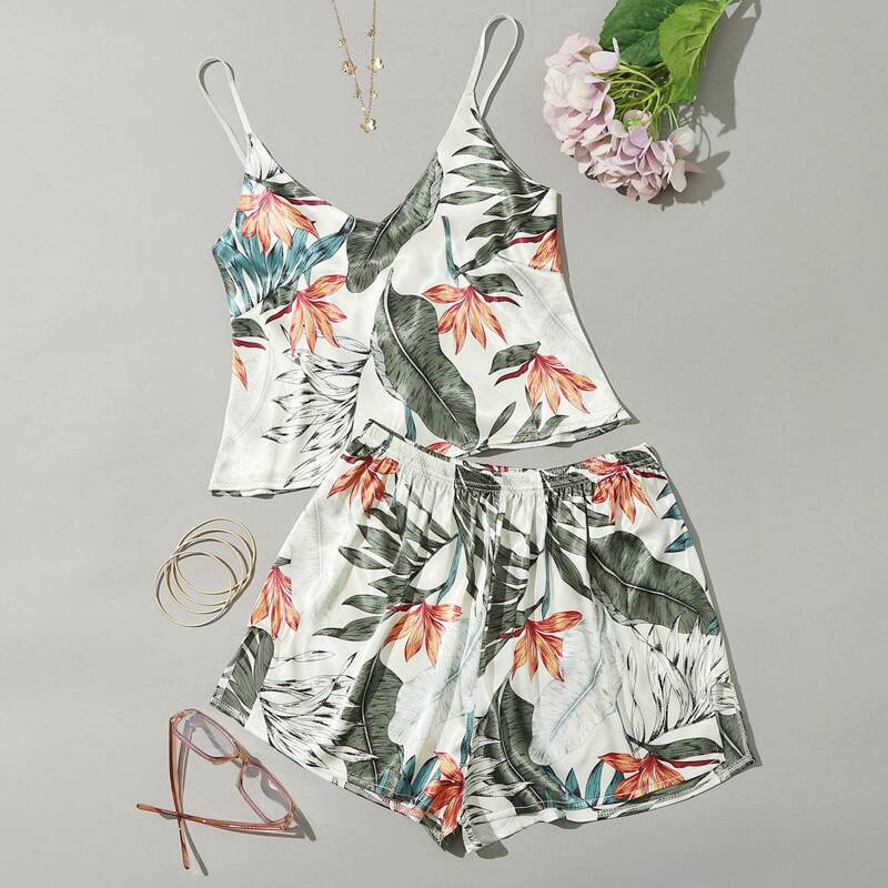 

Tropical Leaf Print Satin PJ Set, Multicolor