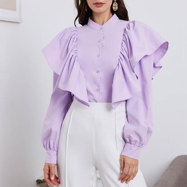 

Lantern Sleeve Ruffle Detail Blouse, Pastel lilac purple