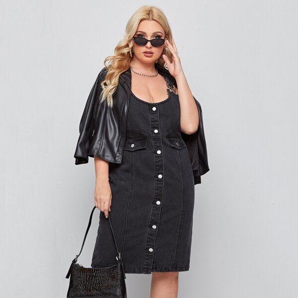 

Plus Button Front Flap Detail Overall Denim Dress, Black