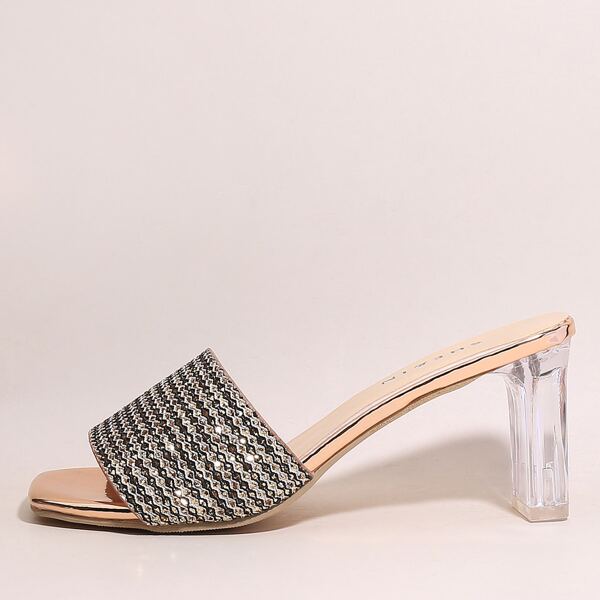

Open Toe Clear Chunky Heeled Mule Sandals, Gold