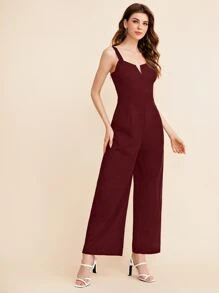 BizChic Notch Neck Solid Slip Jumpsuit Workwear - Maroon - View 3