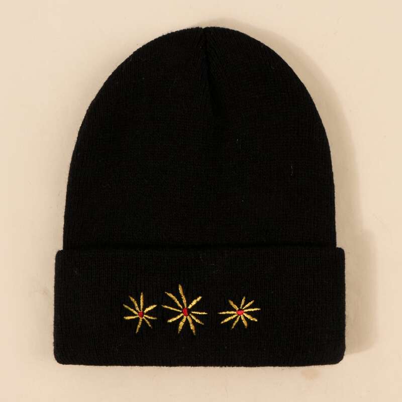 

Floral Embroidery Knit Beanie, Black