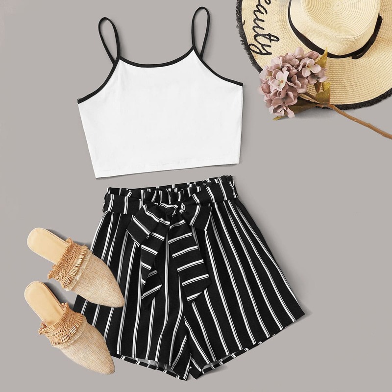 

Ringer Crop Cami & Striped Belted Shorts, Black and white