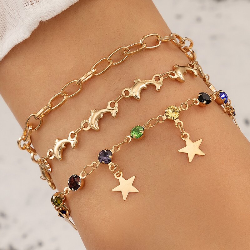 

3pcs Star Charm Chain Bracelet, Gold