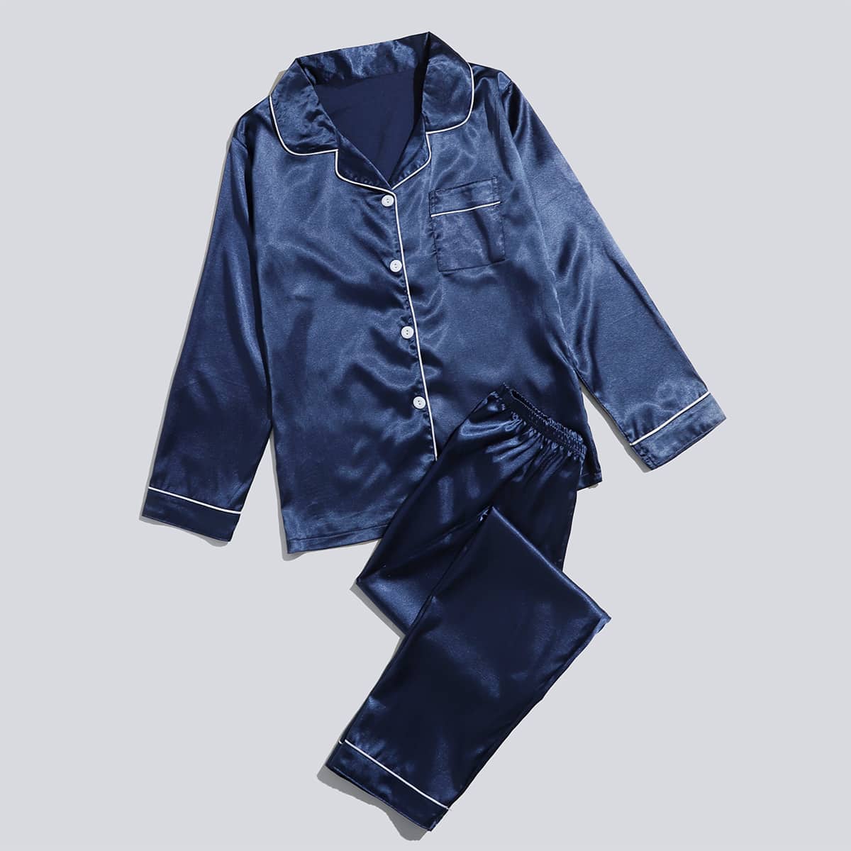 

Contrast Piping Satin PJ Set, Blue