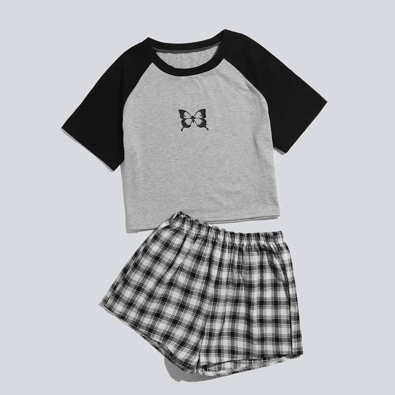 

Butterfly & Plaid Pattern PJ Set, Multicolor