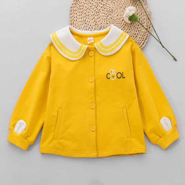 

Toddler Girls Letter And Cartoon Graphic Button Front Jacket, Yellow