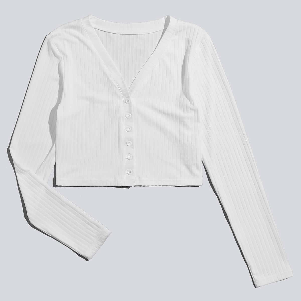 

Solid Button Front Ribbed Crop Tee, White