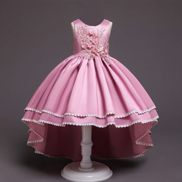 

Girls Appliques Layered High Low Hem Bow Back Gown Dress, Baby pink