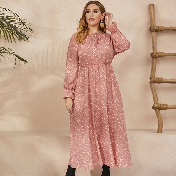 

Plus Polka Dot Tie Neck Dress, Coral pink