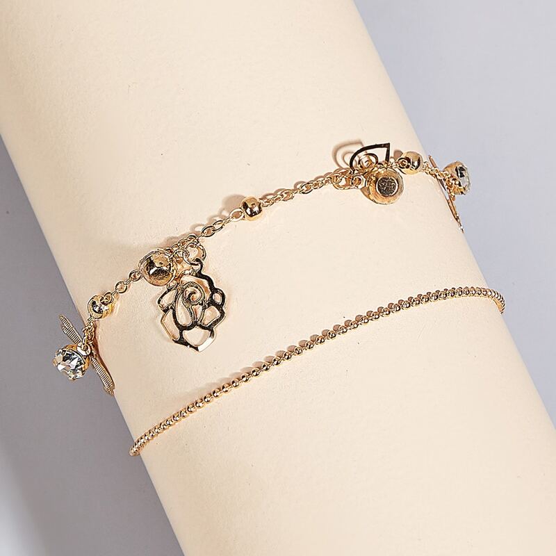 

1pc Rose Charm Layered Chain Bracelet, Gold