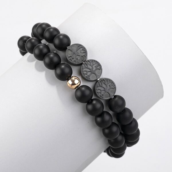 

2pcs Men Round Decor Beaded Bracelet, Black