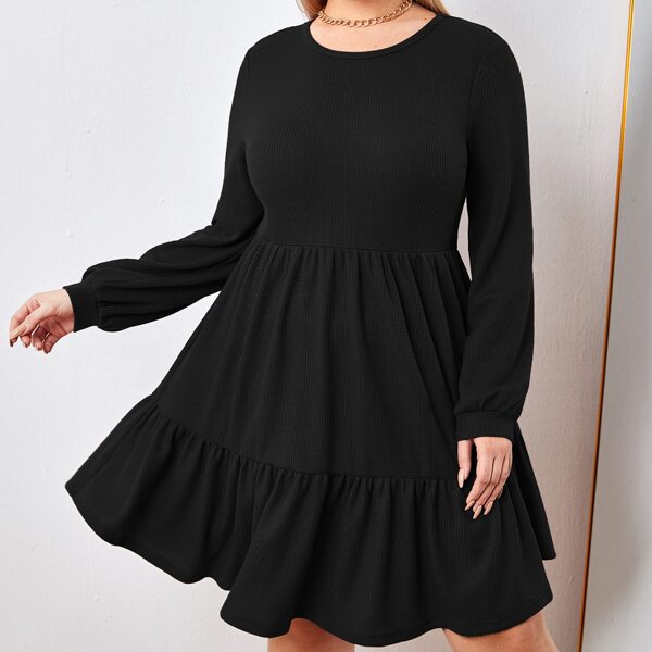 

Plus Ruffle Hem Waffle Knit Dress, Black