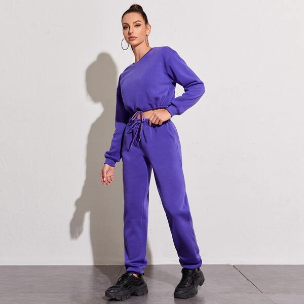 

Thermal Lined Drawstring Sweatshirt With Joggers, Purple