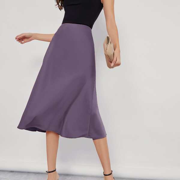 

Solid High Waist Satin Skirt, Mauve purple