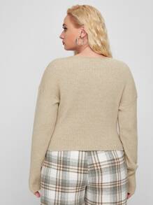 SHEIN Unity 大碼落肩羅紋針織毛衣 - 卡其色 - 查看 2