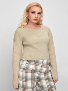 SHEIN Unity 大碼落肩羅紋針織毛衣 - 卡其色 - 查看 3