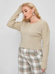 SHEIN Unity 大碼落肩羅紋針織毛衣 - 卡其色 - 查看 4