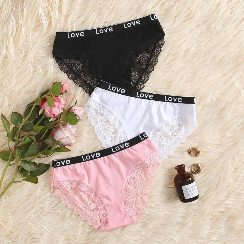 

3pack Letter Tape Contrast Lace Panty Set, Multicolor