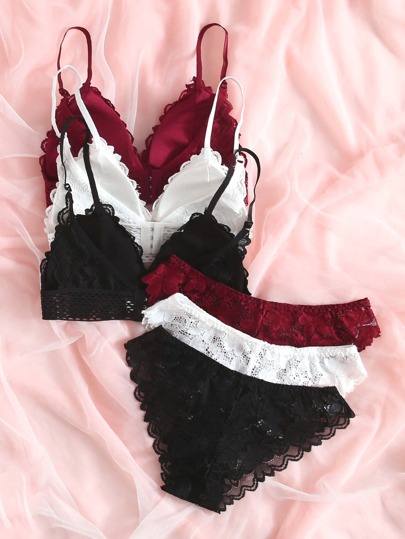 3sets Bloemen Kanten BH Slipje Lingerie Set view 2