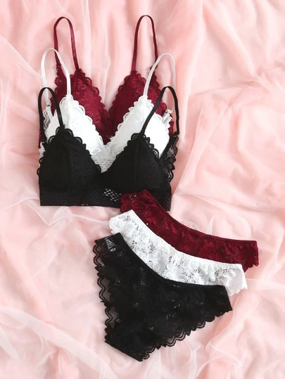 3sets Floral Lace Bra & Panty Lingerie Set｜Emery Rose