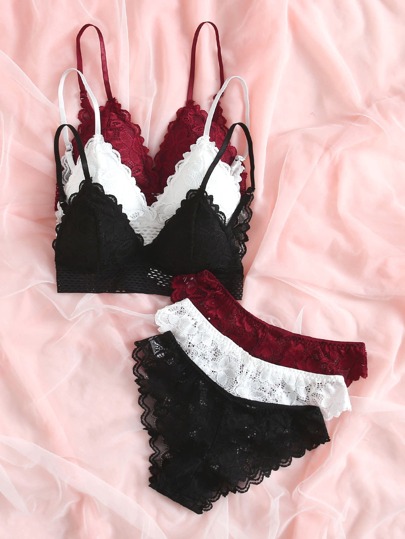 3sets Bloemen Kanten BH Slipje Lingerie Set view 3