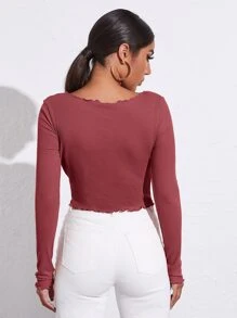 SHEIN Privé Camiseta unicolor con fruncido delantero con cordón ribete en forma de lechuga - Rosa Roja - Ver 2